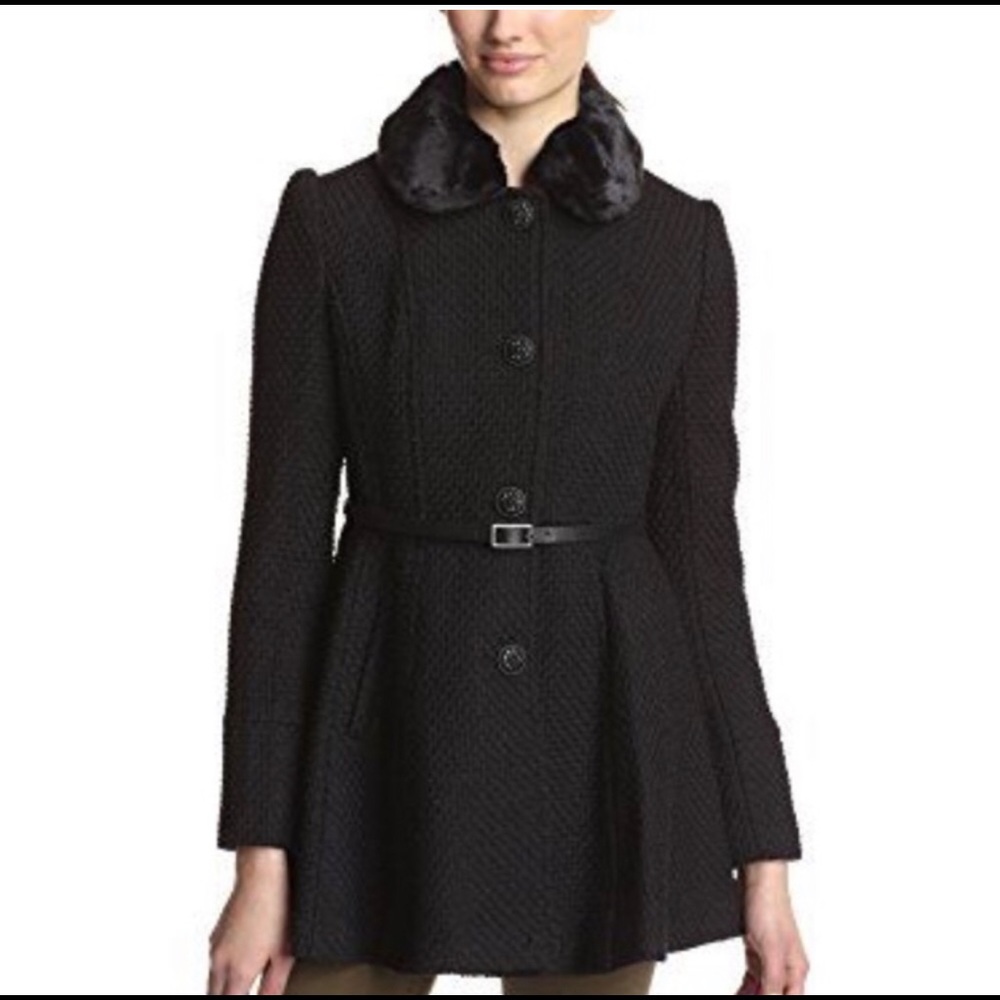 Women's Black Textured Belted Coat with Faux Fur Collar